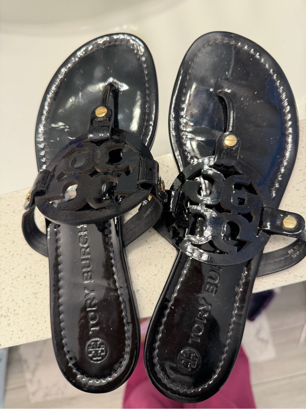 Tory Burch Black Patent Miller Logo Thong Sandals
